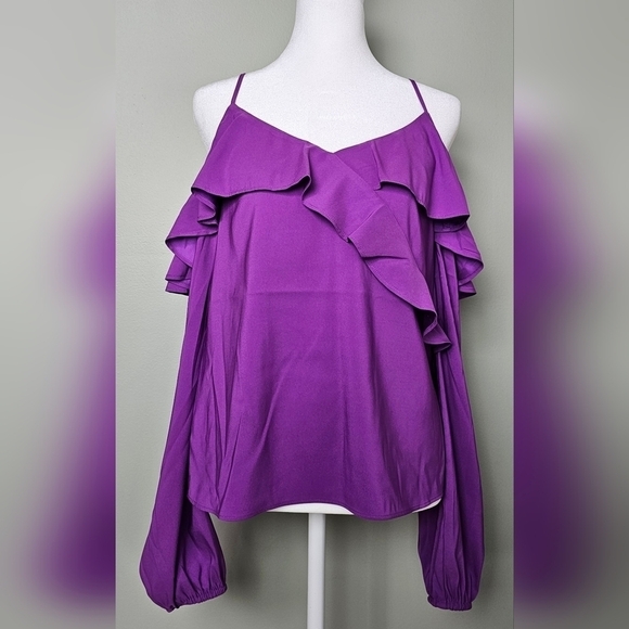 NWOT EXPRESS Off The Shoulder Balloon Sleeve Faux Wrap Ruffle Top AMETHYST XS - Picture 1 of 8